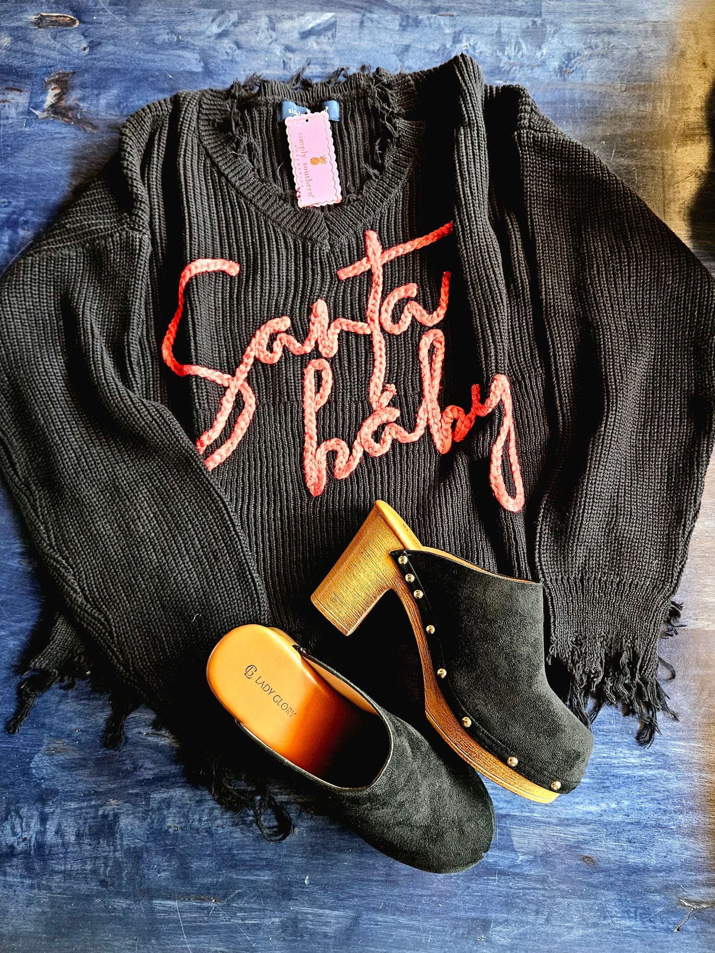 Simply Southern SANTA BABY V-neck Distressed Sweater
