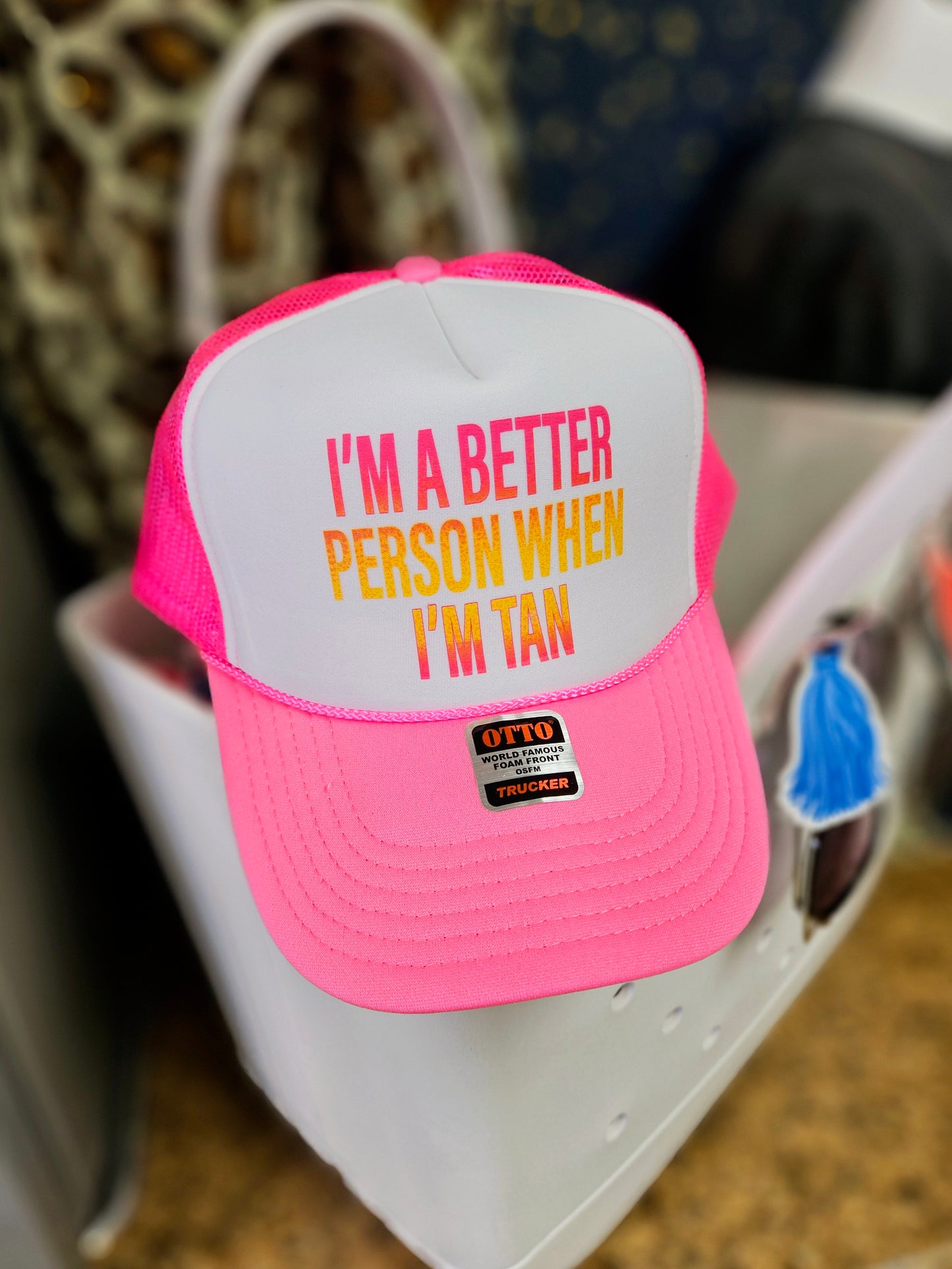 I'm A Better Person Trucker Hat When I’m Tan-Hot Pink