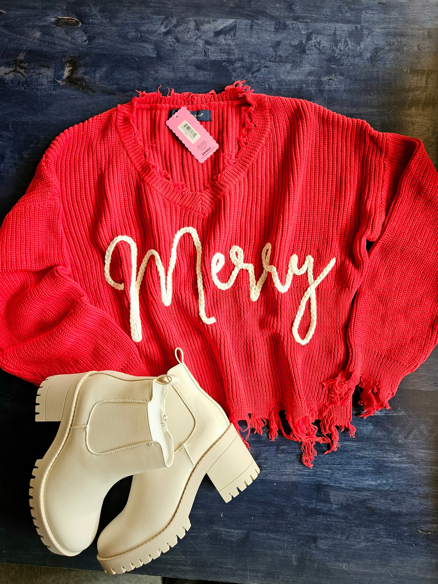 Simply Southern MERRY V-neck Distressed Sweater